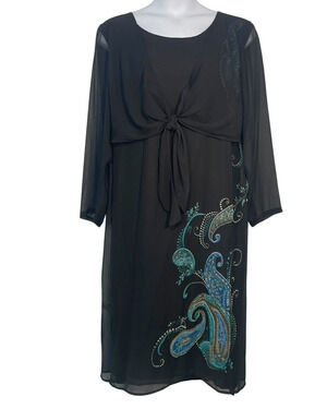 Vtg Original Anthony Sz 1X Maxi Dress w/Front Ties Sheer Overlay Black & Paisley